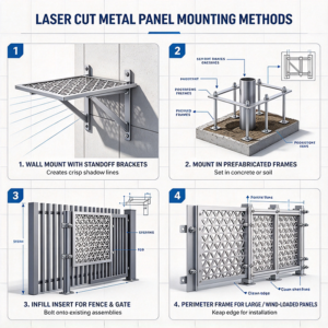 Framed laser cut metal panels fixed with standoff brackets