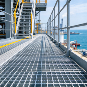Galvanized steel grating walkway at a coastal plant