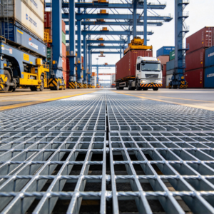 Heavy duty steel grating panels in a container yard