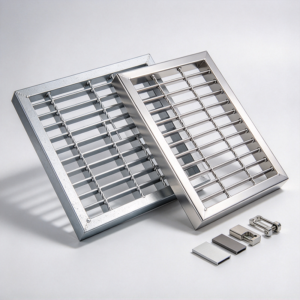 Metal grating samples in galvanized and stainless finishes