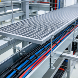 Open mesh grating over a cable tray