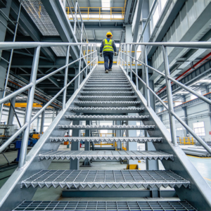Serrated bearing bars on an industrial walkway
