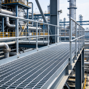 Welded steel grating installed as an industrial platform walkway