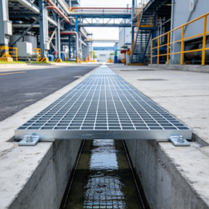 Welded steel grating trench covers over a drainage channel