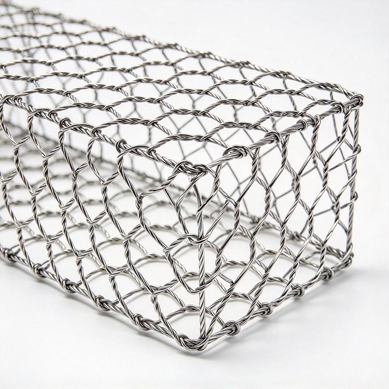 Double twisted hexagonal mesh formed into gabion basket